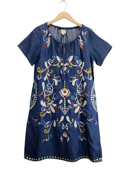 Philosophy Dresses & Skirts - Philosophy Boho Chambray Dress S Blue Floral Embroidery Peasant Tassel Gromets